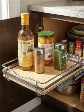 Pull-Out Cabinet Organizer with Bamboo Base and Stainless Rails — Tan & Silver